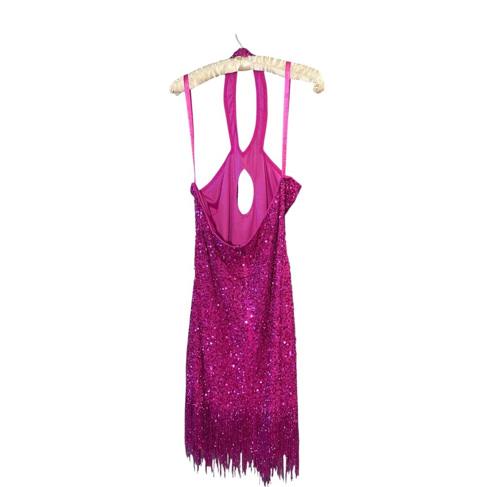 NWT | MAC DUGGAL Style 10000 Sequin Halter Fringe Dress Pink Magenta Size 12 - Picture 5 of 7